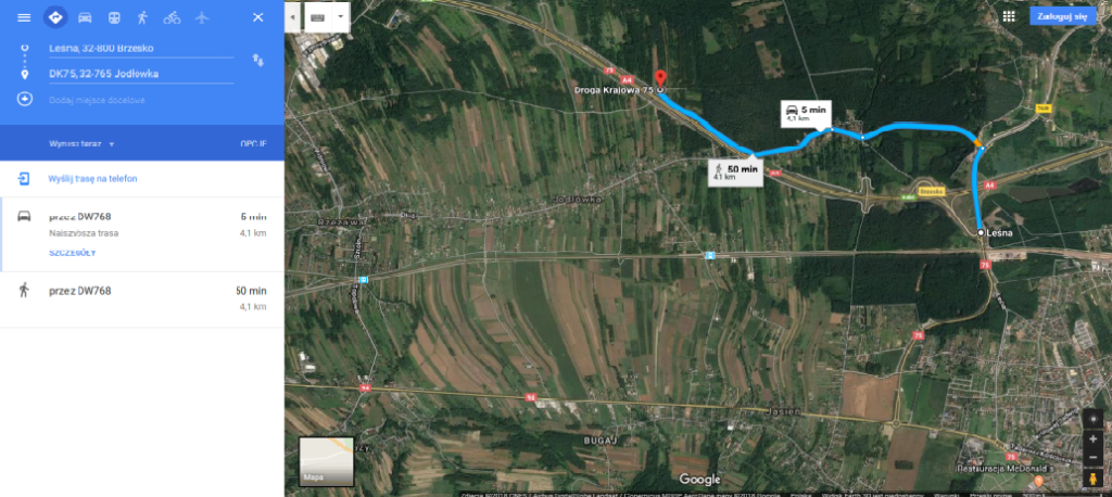 Obrazek obrazuje mapę z zaznaczoną drogą dojazdową do miejsca IV Biegu Pileckiego w Jodłówce