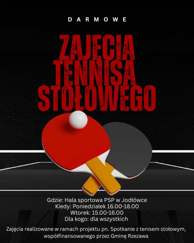 Plakat promujący zajęcia z tenisa stołowego w ciemnych barwach. Na plakacie dwie rakietki tenisowe i piłeczka.
