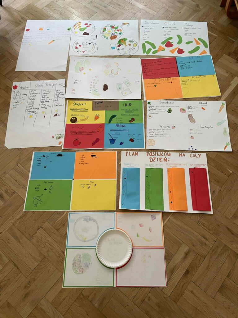 Na zdjęciu prace uczestników szkolenia zwierające dzienny plan posiłków
