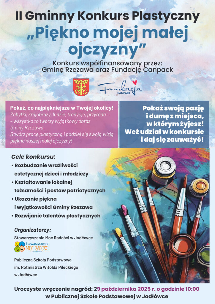Plakat promujący konkurs. Utrzymany w kolorach pastelowych. Na froncie pędzle i farby