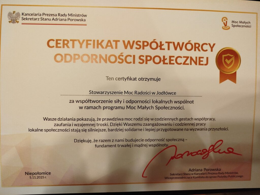 Zdjęcie certyfikatu współtwórcy Odporności społecznej