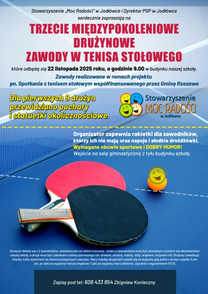 Plakat promujący III Międzypokoleniowe Drużynowe Zawody w Tenisa Stołowego.